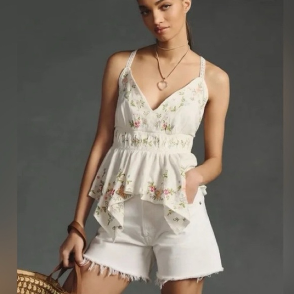 Anthropologie White Floral Embroidered Ruffle Camisole